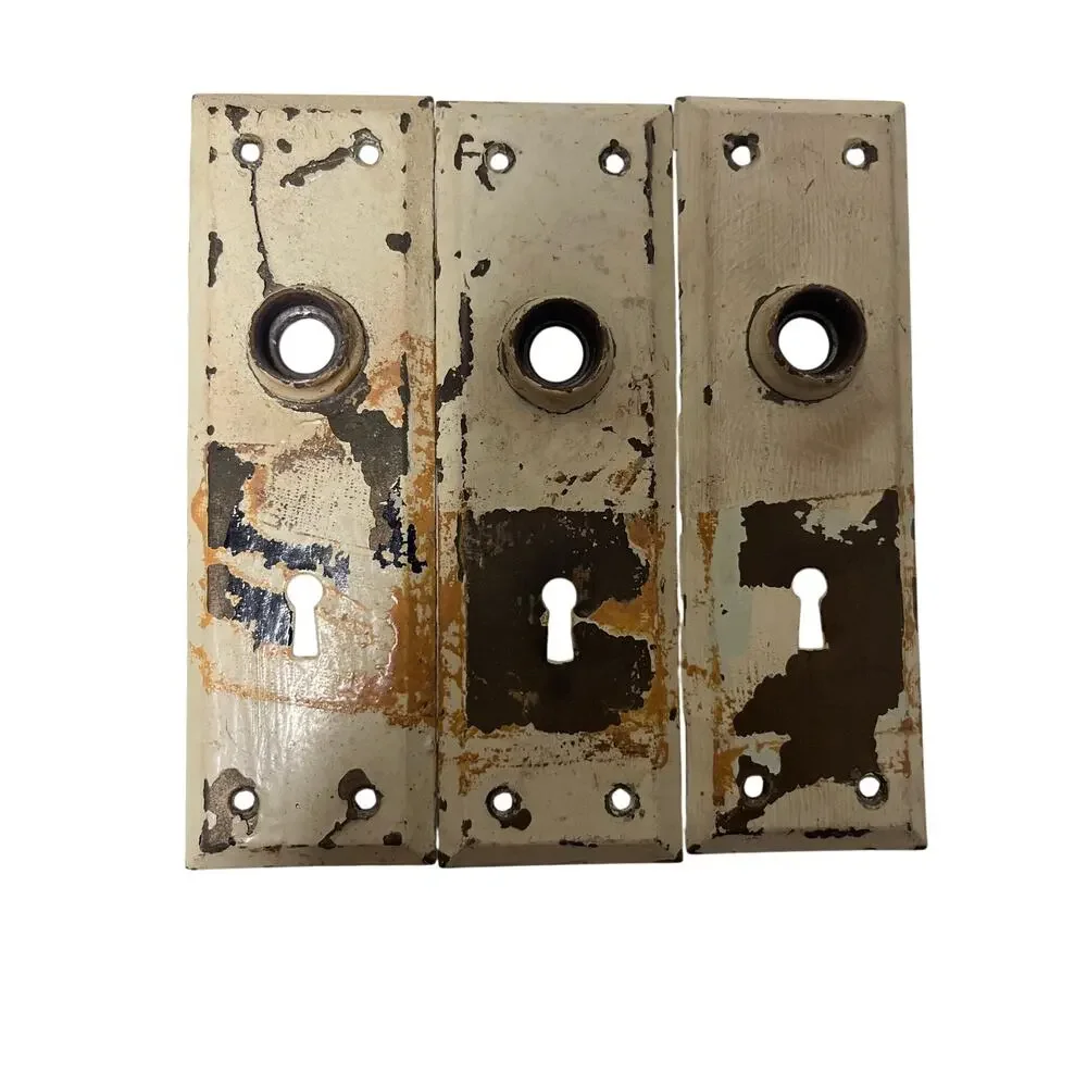 Lot of 3 Vintage Antique White Door Metal Backplates Escutcheon Chippy Paint